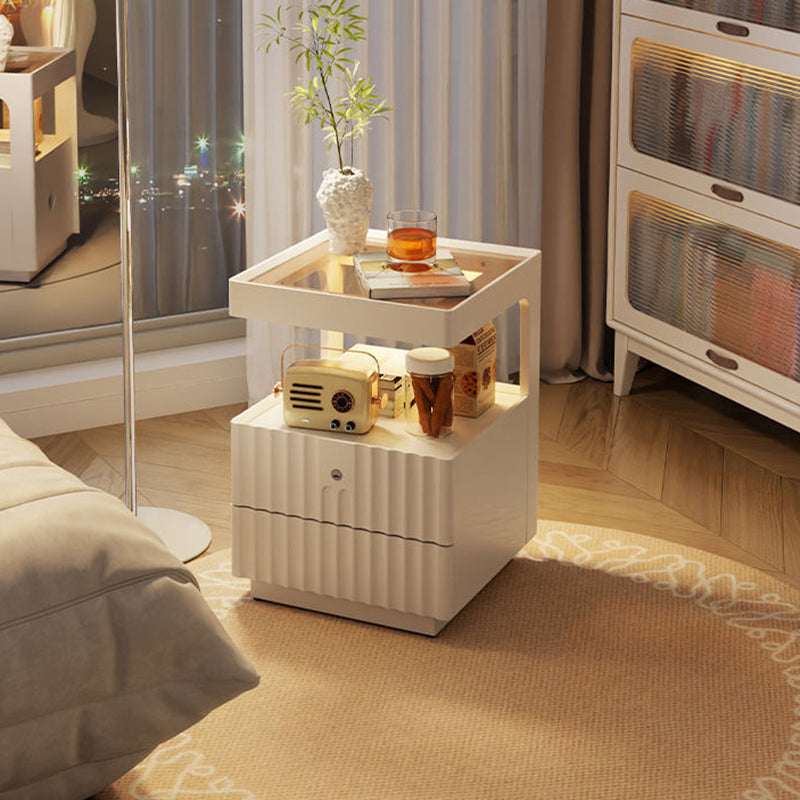 Contemporary Nordic Rectangular Rubberwood Pine Wood Tempered Glass Zinc Alloy Nightstand 2-Drawer For Bedroom