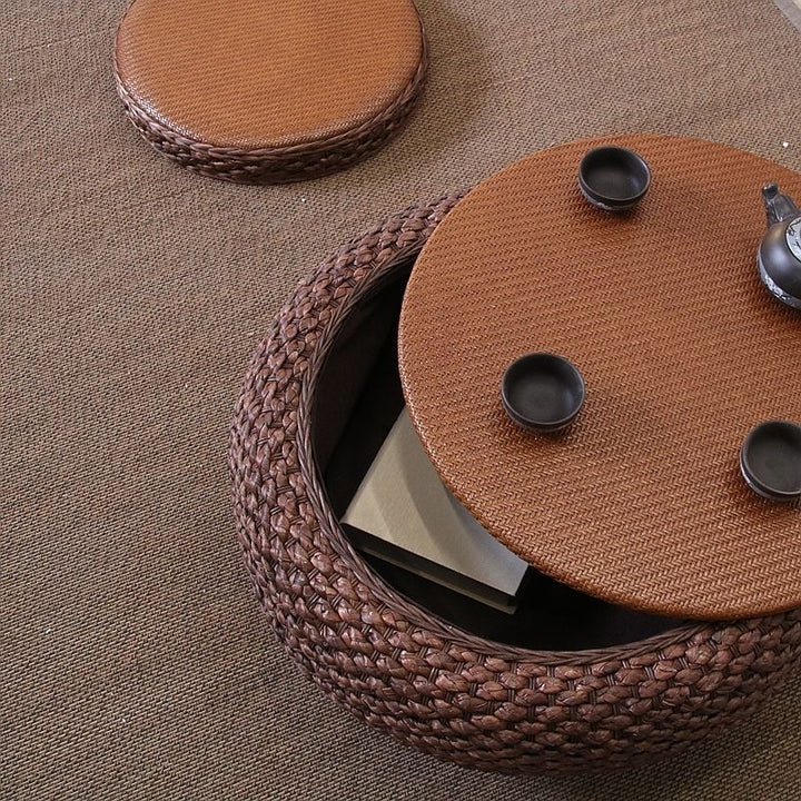 Traditional Japanese Round Rattan Mat Side Table Solid Wood Frame Side Table 1-Storage For Living Room
