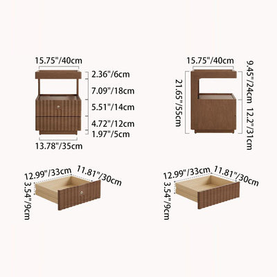 Contemporary Nordic Rectangular Solid Wood Tempered Glass Zinc Alloy Nightstand 2-Drawer For Bedroom