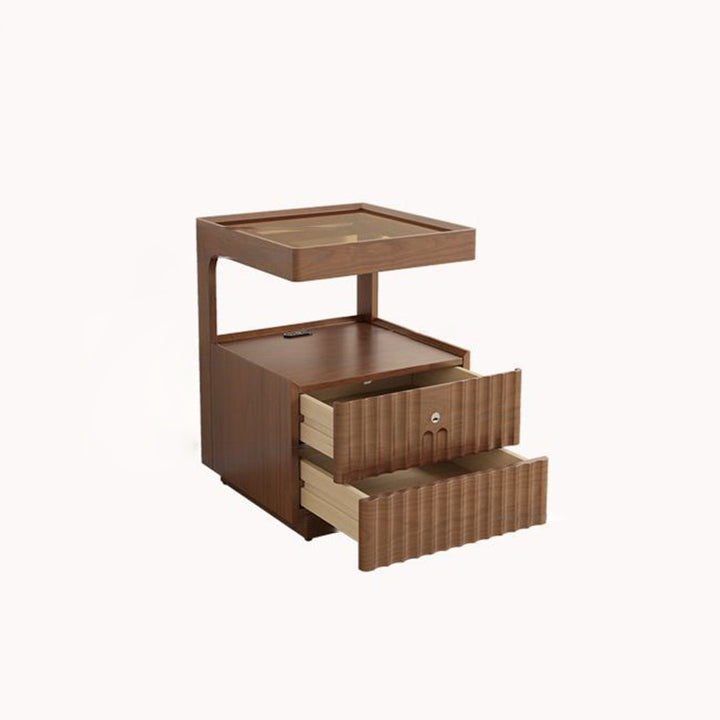 Contemporary Nordic Rectangular Rubberwood Pine Wood Tempered Glass Zinc Alloy Nightstand 2-Drawer For Bedroom