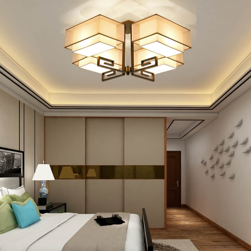 Modern Chinese Fabric Square Geometric Hardware 4-Light Semi-Flush Mount Ceiling Light