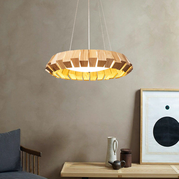 Zeitgenössische skandinavische Runde fliegende Untertasse Holz Glas LED Kronleuchter für Wohnzimmer 