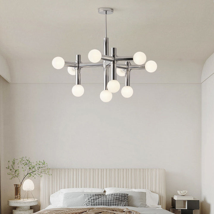 Zeitgenössischer skandinavischer Zweigkugel-Kronleuchter aus Eisen, Aluminium und Glas mit 10 Lichtern für das Wohnzimmer 