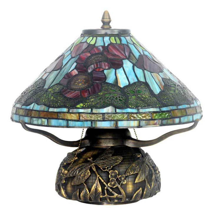 Tiffany Vintage Blumen Buntglas Kupferbasis 2-Licht Tischlampe 