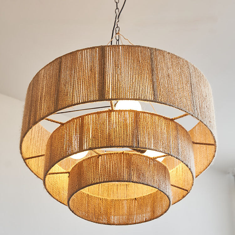Zeitgenössische Boho Eisen Kordel Runde 3-Licht Pendelleuchte Für Esszimmer 