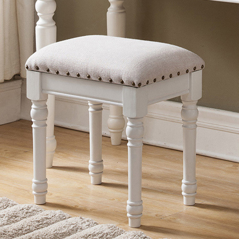 Tabouret de coiffeuse sans dossier ni accoudoirs en bois massif, cuir synthétique et lin carré scandinave contemporain pour chambre 