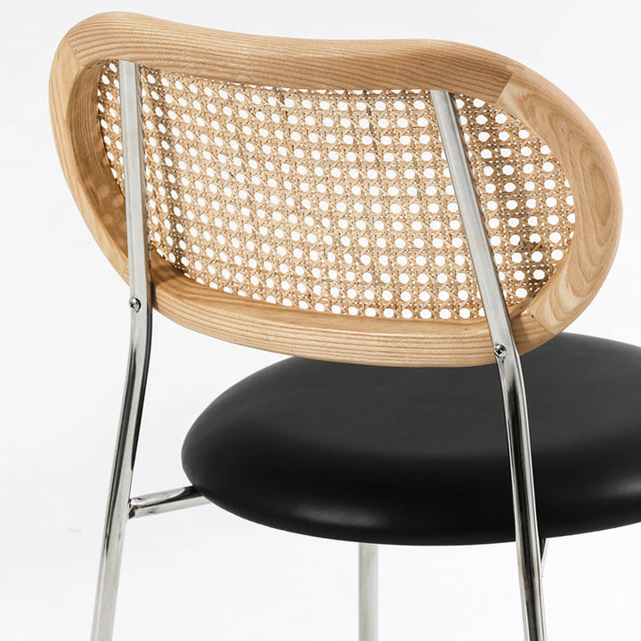 Contemporary Nordic Round PU Leather Faux Rattan Weaving Iron Chair Backrest For Living Room