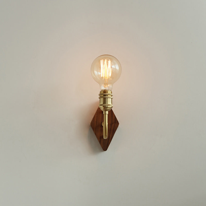 Lámpara de Aplique de Pared de 1 Luz de Madera y Latón con Poste Curvado de Diamante Retro Contemporáneo para Dormitorio 