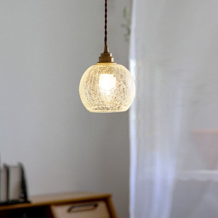 Traditional Vintage Round Crackle Glass Brass Iron 1-Light Pendant Light for Living Room