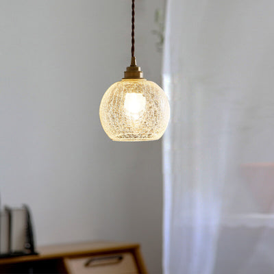 Japanese Vintage Round Crackle Glass Brass 1-Light Pendant Light