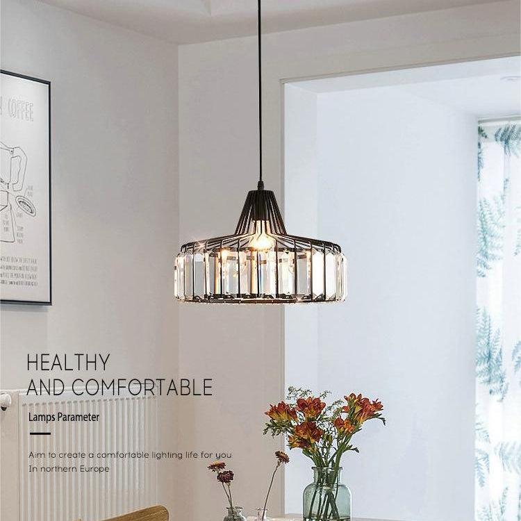 Zeitgenössische Luxus Eisen Zylinder Rahmen Kristall Schatten 1-Licht Pendelleuchte für Wohnzimmer 