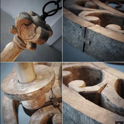 Candelabro redondo de hierro con 6 luces de estilo rústico de granja con madera envejecida para sala de estar 