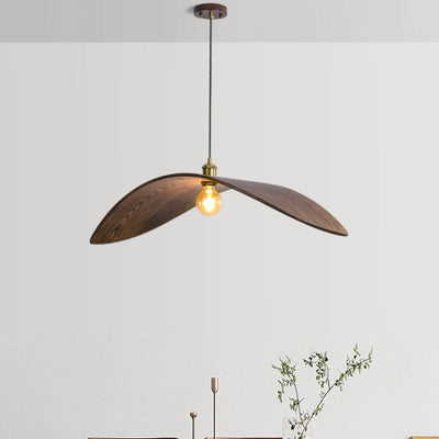 Traditionelle japanische Pendelleuchte mit 1 Licht und Walnussholzmaserung in Blattform für Esszimmer 