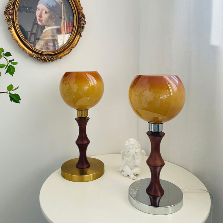Französische Vintage Kugelglas Holz 1-Licht Tischlampe 