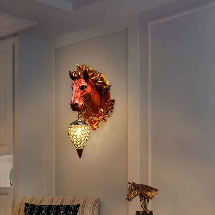 Modern Eclectic Resin Horse Head Decor Crystal Round Shade 1-Light Wall Sconce Lamp For Living Room