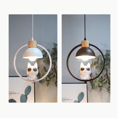 Suspension contemporaine en bois nordique fer résine ronde chat de dessin animé 1 lumière pour chevet 