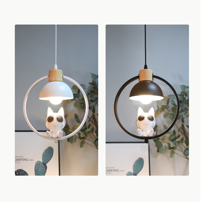 Suspension contemporaine en bois nordique fer résine ronde chat de dessin animé 1 lumière pour chevet 