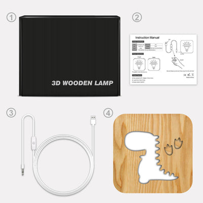 Modern Creative Square Dinosaur Wooden USB LED Night Light Table Lamp