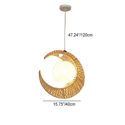 Contemporary Creative Crescent Moon Hemp Rope Weaving Shade 1-Light Pendant Light For Living Room