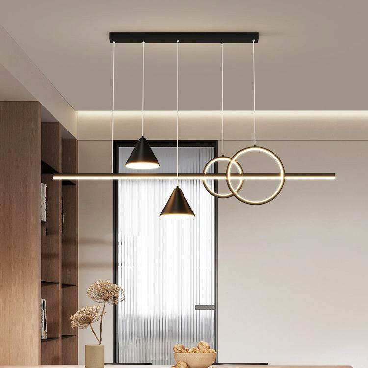 Moderne minimalistische Streifen Kegel Kreis Eisen Acryl LED Kronleuchter Insel Licht für Esszimmer 