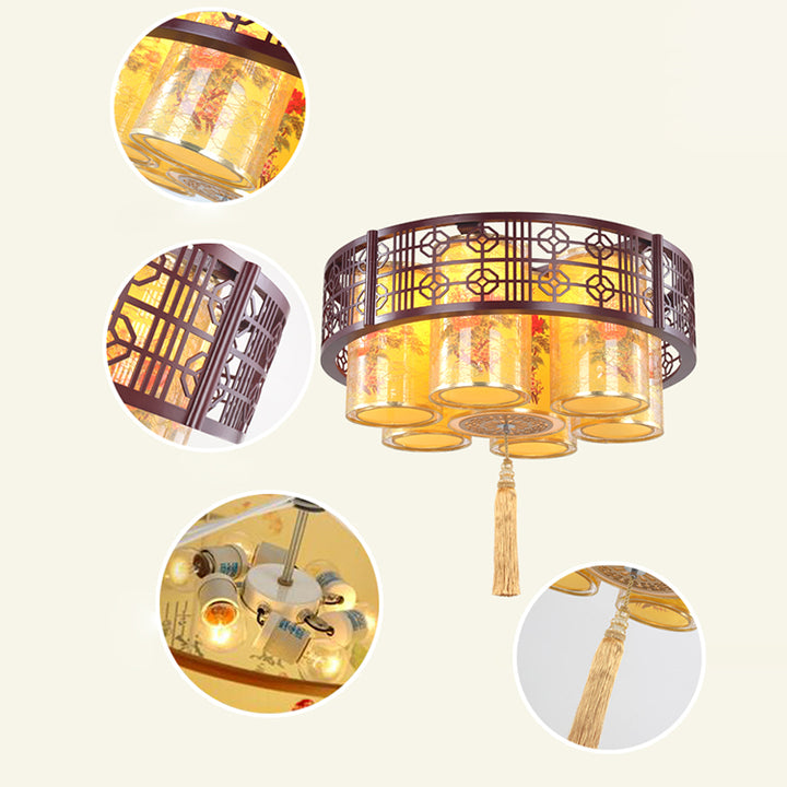 Lustres Traditionnels Chinois en Bois de Fer PVC Cylindre Rond Imprimé 7/9/11 Lumières pour Salle à Manger 