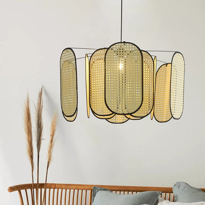 Traditional Japanese Oval Rattan Weaving Shade 1-Light Pendant Light For Living Room