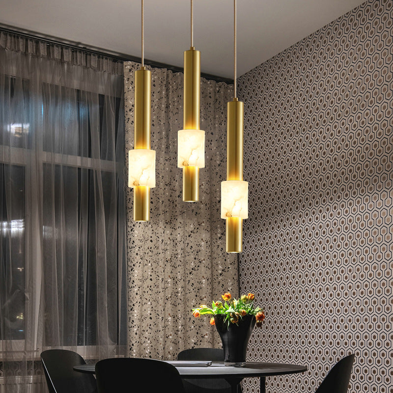Lustre LED contemporain de luxe en cuivre à bande longue avec abat-jour en marbre pour salon 