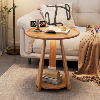 Mesa de Café de Madera Minimalista Moderna con Trípode Redondo de 2 Niveles para Sala de Estar 
