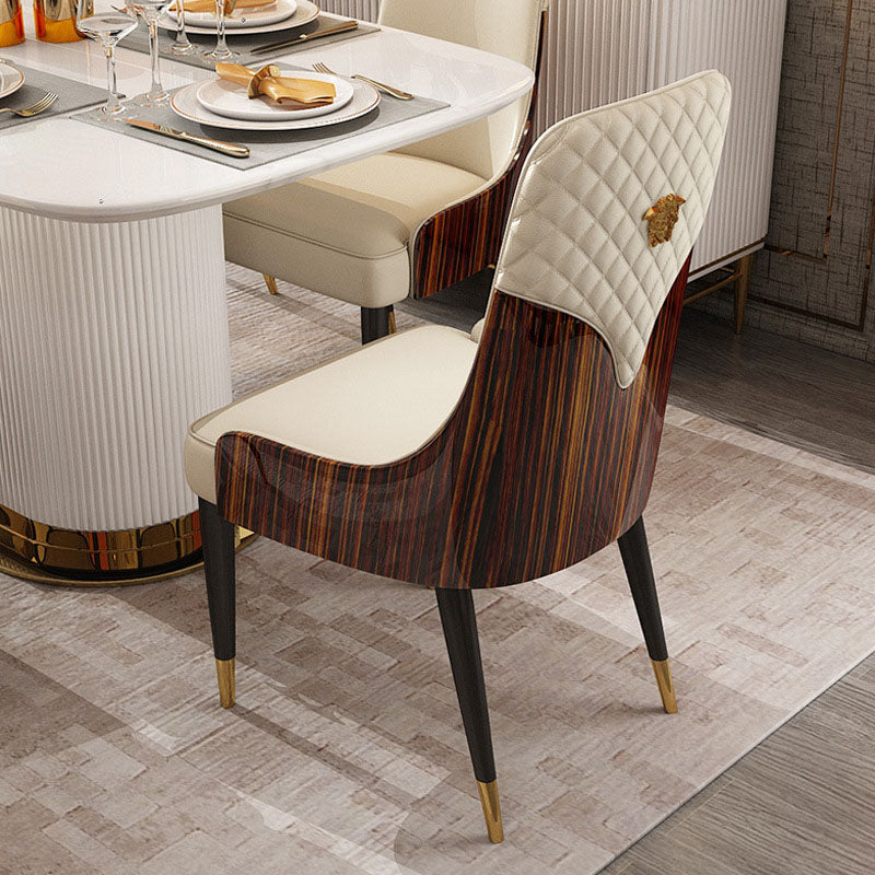 Chaise de salle à manger contemporaine en cuir nordique avec dossier et accoudoirs en bois, acier inoxydable et éponge 
