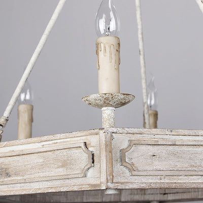 Chandelier hexagonal en fer à 6 lumières avec poutre en bois sculptée blanche rustique traditionnelle pour salon 