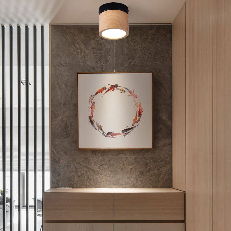 Plafonnier LED cylindrique en bois acrylique traditionnel japonais pour couloir 