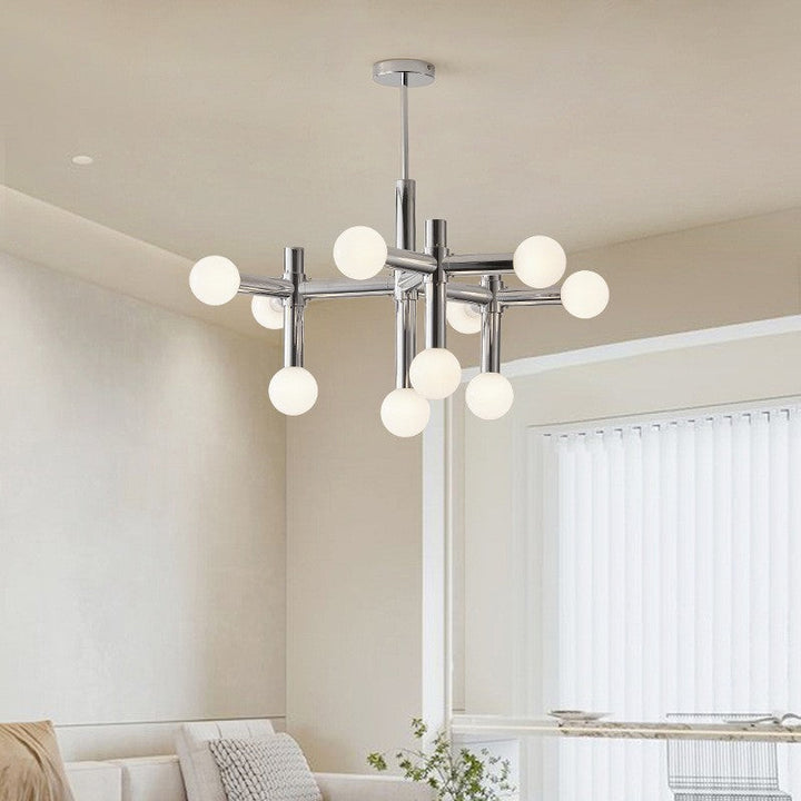 Zeitgenössischer skandinavischer Zweigkugel-Kronleuchter aus Eisen, Aluminium und Glas mit 10 Lichtern für das Wohnzimmer 