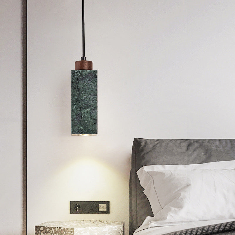 Lámpara colgante moderna minimalista rectangular de madera maciza y mármol de 1 luz para dormitorio 