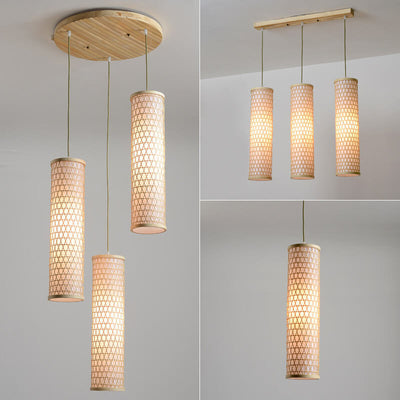 Modern Chinese Bamboo Weaving PVC Cylinder 1/3 Light Island Light Chandelier