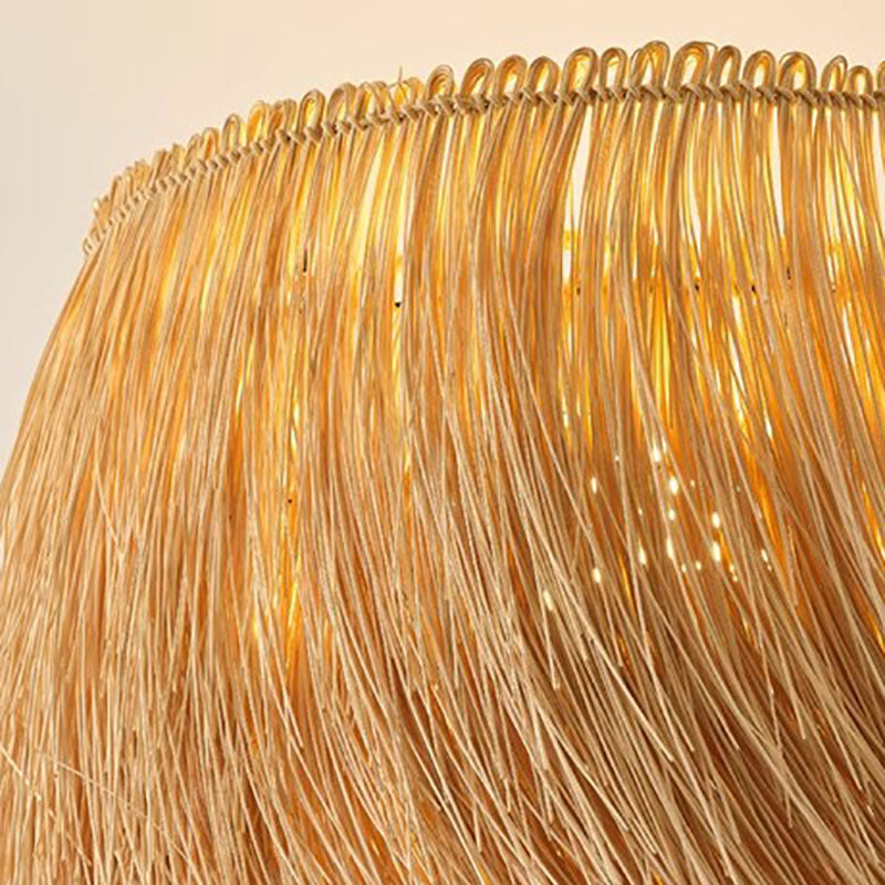 Lampe de sol 1 lumière avec base en résine de branche et abat-jour rond en tissage de bambou rustique traditionnel pour salles de divertissement 