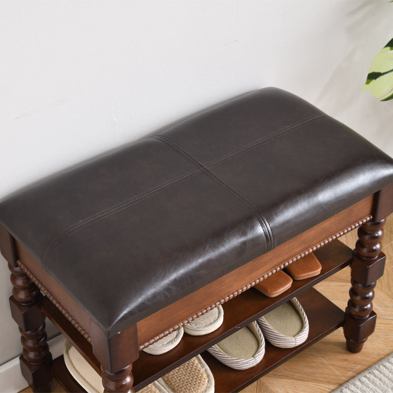 Taburete de tocador sin respaldo ni brazos, de madera de caucho y cuero PU, rectangular, estilo tradicional europeo, para sala de estar 