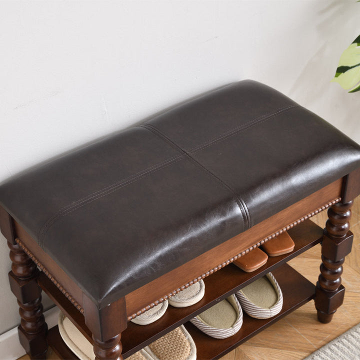 Taburete de tocador sin respaldo ni brazos, de madera de caucho y cuero PU, rectangular, estilo tradicional europeo, para sala de estar 