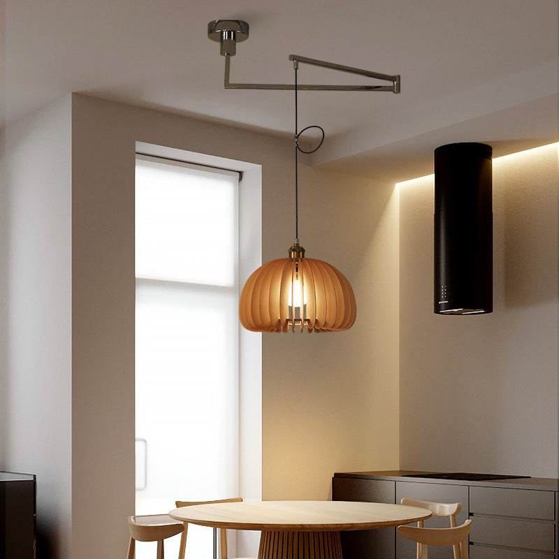 Traditional Vintage Wooden Pumpkin Shade Rocker Arm Telescopic 1-Light Pendant Light For Dining Room