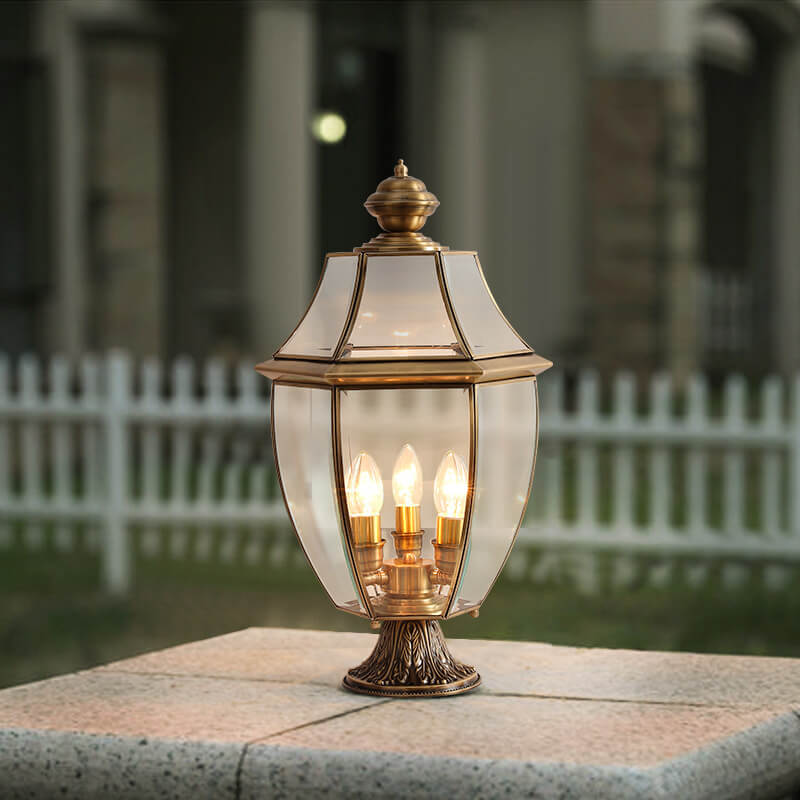 Traditional European All Copper Clear Glass Lantern Post 1/3 Light Waterproof Patio Landscape Light For Outdoor