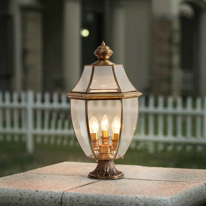 Traditional European All Copper Clear Glass Lantern Post 1/3 Light Waterproof Patio Landscape Light For Outdoor