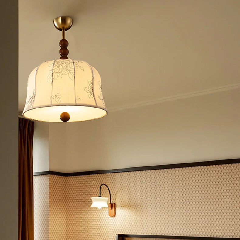 Lámpara colgante de 1 luz de tela floral redonda romántica francesa tradicional de madera y metal para dormitorio 