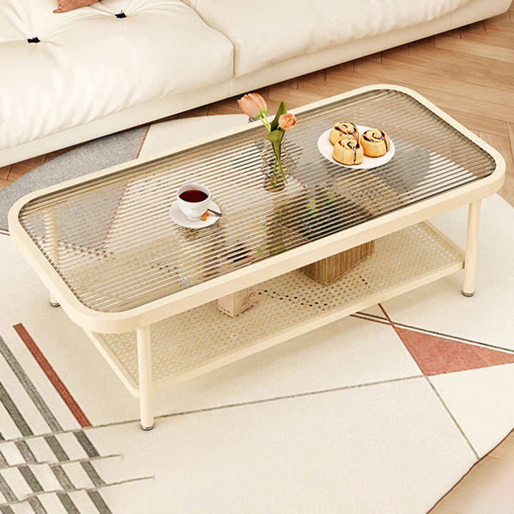Moderner minimalistischer rechteckiger Glas-Kohlenstoffstahl-Couchtisch mit 2 Ebenen für das Wohnzimmer 