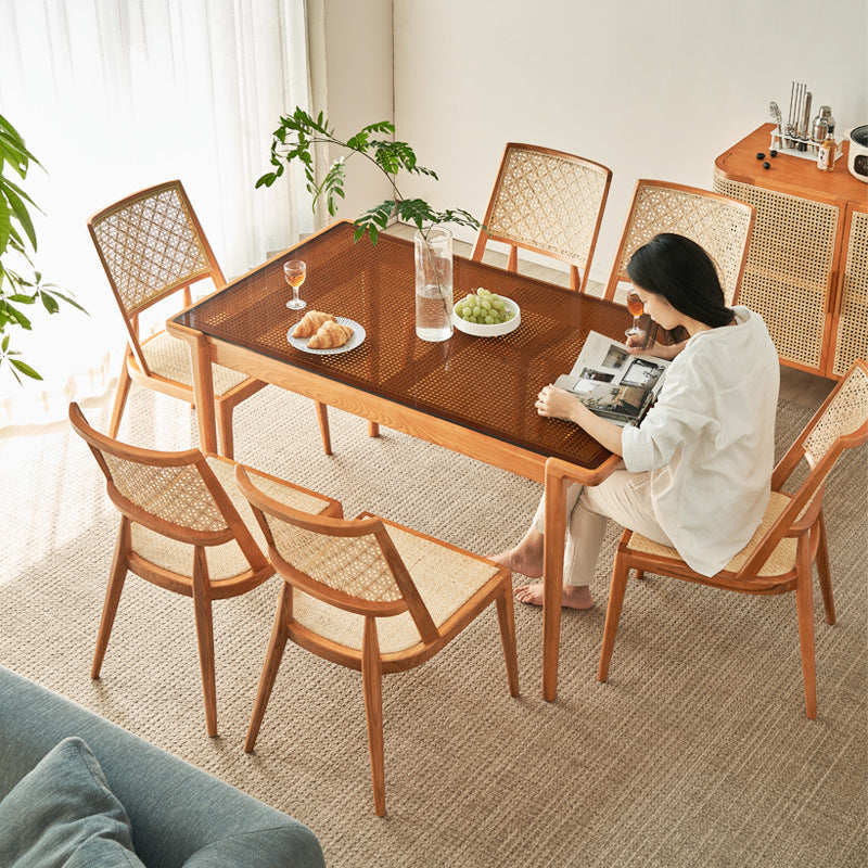 Chaise de salle à manger avec dossier en rotin vintage traditionnel et cadre en bois pour salle à manger 