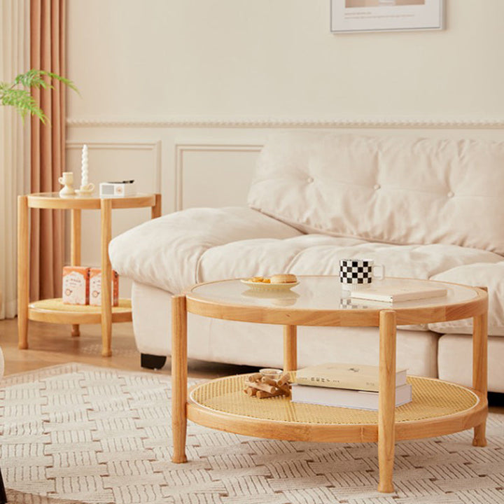 Table basse ronde minimaliste moderne en hévéa avec plateau en verre et faux rotin, à 2 niveaux, pour salon 