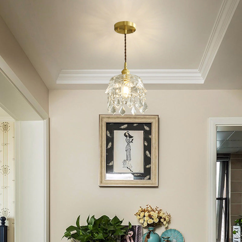 Luminaire suspendu contemporain nordique rond en laiton sculpté avec verre et cristal à 1 lumière pour salon 