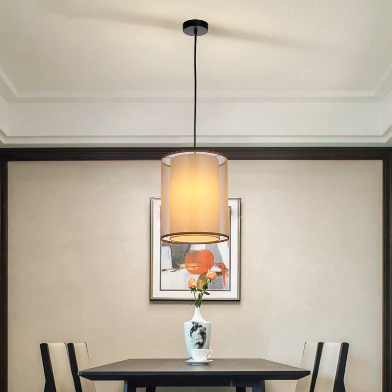 Traditional Chinese Double Round Iron Fabric 1-Light Pendant Light For Living Room