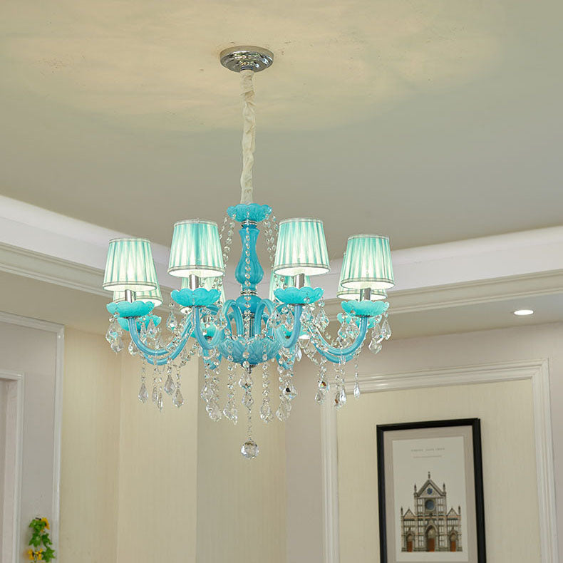 Contemporary Coastal Round Candle Holder Hardware Crystal Glass Fabric 6/8 Light Chandelier For Living Room