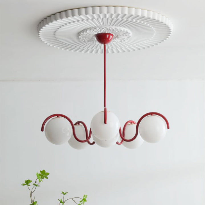 Moderner minimalistischer Kronleuchter mit geschwungenen Kugeln aus Metall und Glas mit 6 Lichtern für das Wohnzimmer 