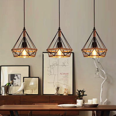 Luz colgante de 1 luz con hoja de sakura de diamante de vegetación simulada de cuerda de cáñamo de hierro retro contemporáneo para comedor 