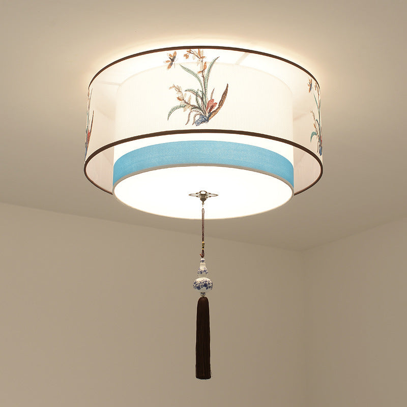 Pantalla de tela bordada de hierro chino tradicional de 4 luces para techo empotrado para dormitorio 